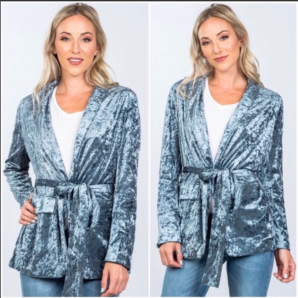 Blue crushed velvet belted jacket size M
